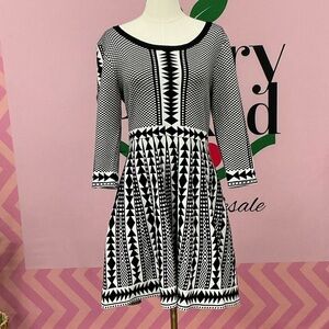Nina Leonard Black and White Geometric Fit-and-Flare Mini Dress
